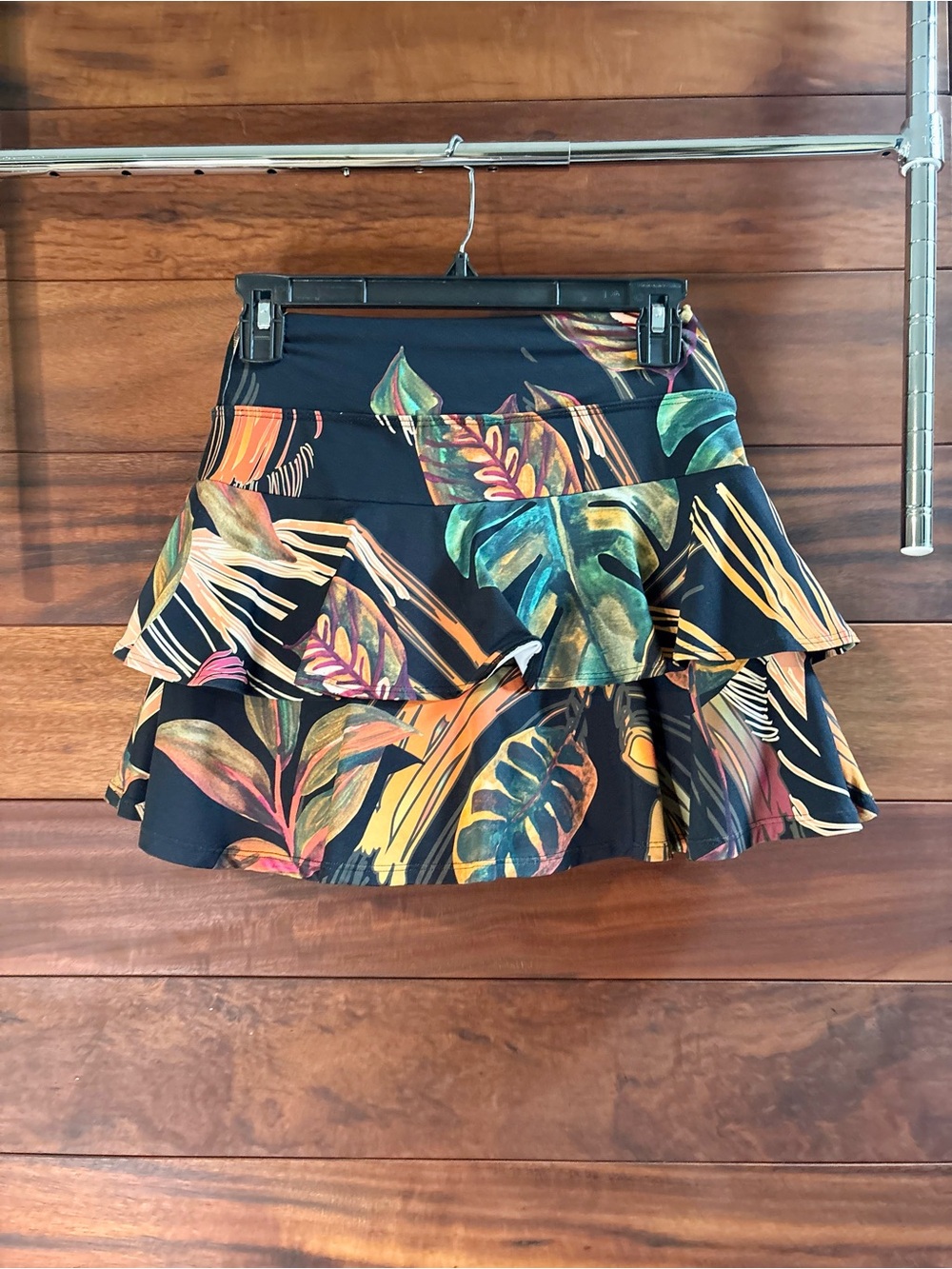 Donajo Tiered A-Line Skirt in Black with Tropical Leaf Print